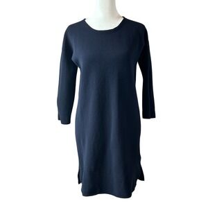 J Crew 100% Cotton Knit Shift Dress 3/4 Sleeve Loose Fit Navy Blue Size XXS